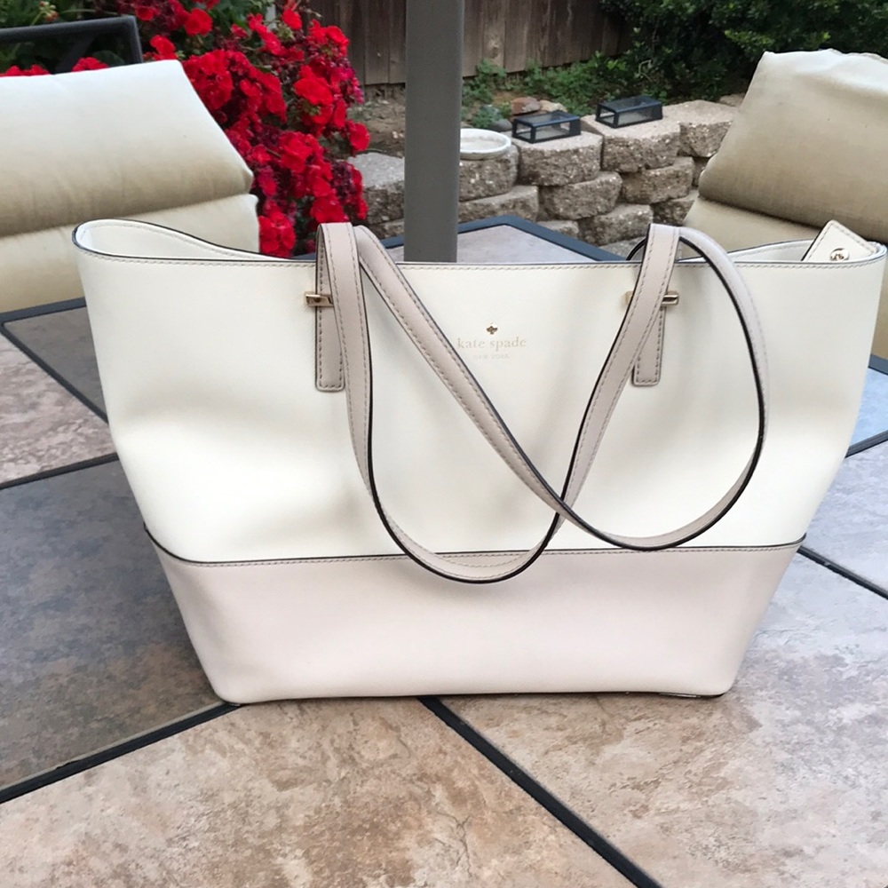 Beautiful Kate Spade Tote color is cream and taupe. Only use a few times.